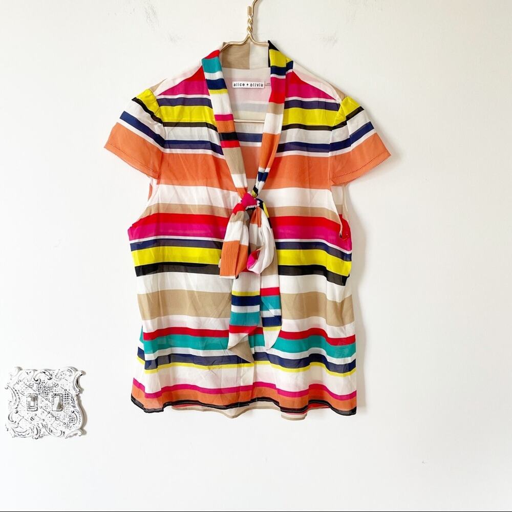 Alice + Olivia Colorful Striped Bow Tie Silk Blouse M